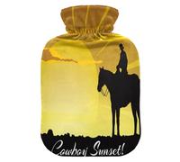 Botella de agua caliente con funda suave, bolsa de agua fría caliente extraíble para aliviar el dolor, calambres menstruales, calentadores de pies, S silueta de vaquero puesta de sol