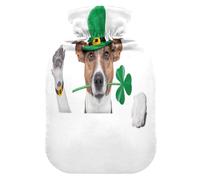 Botella de agua caliente con funda suave, bolsa de agua fría caliente extraíble para aliviar el dolor, calambres menstruales, calentadores de pies, trébol de perro del día de San Patricio detrás