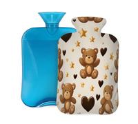 Botella de agua caliente con funda suave, bonito oso dorado de dibujos animados con corazones negros, bolsa de agua caliente de 2 litros para aliviar el dolor, calentador de manos y pies