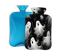 Botella de agua caliente con funda suave, fantasma de Halloween, blanco y negro, bolsa de agua caliente de 2 litros para aliviar el dolor, calentador de manos y pies
