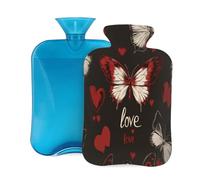 Botella de agua caliente con funda suave, temática del día de San Valentín, diseño vintage de mariposa, rojo y blanco, bolsa de agua caliente de 2 litros para aliviar el dolor, calentador de manos y