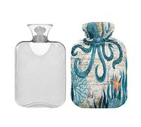 Botella de agua caliente con mapa de estrellas de mar náuticas vintage con cubierta Botella de agua caliente transparente de 1 l Bolsa de agua caliente para alivio del dolor de cuello y hombros, manos y pies, terapia de calor