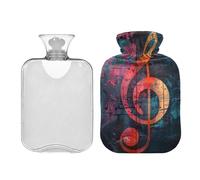 Botella de agua caliente con notas musicales y clave de sol con funda de terciopelo, bolsa de agua caliente transparente de 1 litro para compresas frías y calientes, calentador de pies de PVC
