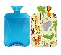 Botella de agua caliente con patrón de animales de la selva con cubierta esponjosa, bolsa de agua caliente de gran capacidad, bolsa de agua para animales para noches acogedoras, alivio del dolor,