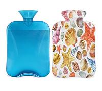 Botella de agua caliente con patrón de conchas marinas con funda esponjosa, bolsa de agua caliente de gran capacidad de 2 litros, bolsa de agua con botella de mar de concha marina para noches