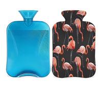 Botella de agua caliente con patrón de flamenco con funda esponjosa, 2 L, botella de pájaro de flamenco, bolsa de agua para noches acogedoras, alivio del dolor, espalda, cuello y hombros