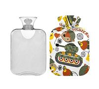 Botella de agua caliente con patrón de soldados de animales lindos con cubierta de terciopelo, bolsa de agua caliente transparente de 2 litros para aliviar el dolor del período de hombro, calentador de pies de manos
