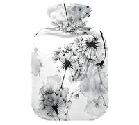 Botella de agua caliente con pintura de tinta china de diente de león y ceniza con cubierta suave, bolsa de agua caliente de 2 litros para calentador de abdomen, calentador de manos y pies