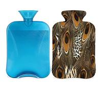 Botella de agua caliente con plumas de pavo real de leopardo con funda esponjosa, bolsa de agua caliente de gran capacidad, bolsa de agua para botellas de pavo real para noches acogedoras, alivio del