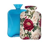 Botella de agua caliente con tapa, 2 L, color rojo y blanco, diseño de peonía, para adultos, calentador y alivio del dolor