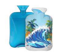 Botella de agua caliente con tapa, 2 L, diseño de árbol de coco con diseño de dibujos animados para adultos, calentador y alivio del dolor