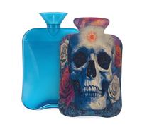 Botella de agua caliente con tapa, 2 L, diseño de calavera de rosa roja y estrellada para adultos, calentador y alivio del dolor
