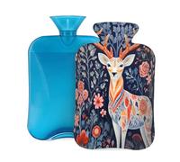 Botella de agua caliente con tapa, 2 L, diseño de flores artísticas, alce, para adultos, calentador y alivio del dolor