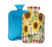 Botella de agua caliente con tapa, 2 L, diseño de girasol a cuadros rojos, para adultos, calentador y alivio del dolor
