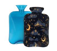 Botella de agua caliente con tapa, 2 L, diseño de luna y cielo estrellado dorado para adultos, calentador y alivio del dolor