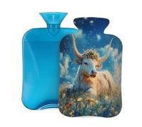 Botella de agua caliente con tapa, 2 L, diseño de toro de las tierras altas, color blanco cielo estrellado, para adultos, calentador y alivio del dolor