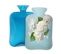 Botella de agua caliente con tapa, 2 L, flores de hortensias blancas, para adultos, calentador/alivio del dolor