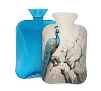 Botella de agua caliente con tapa de 2 l, botellas de agua caliente con diseño de pavo real de flor de tinta para adultos, calentador y alivio del dolor