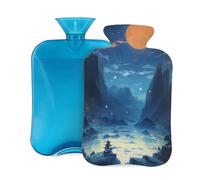 Botella de agua caliente con tapa de 2 l, botellas de agua caliente con diseño de ríos y montañas para adultos, calentador y alivio del dolor