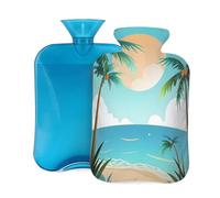 Botella de agua caliente con tapa de 2 L, botellas de agua caliente con vista al mar de árbol de coco para adultos, calentador/alivio del dolor