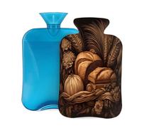 Botella de agua caliente con tapa de 2 L, con estampado de plantas de trigo y pan, botellas de agua caliente para adultos, calentador/alivio del dolor