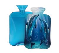 Botella de agua caliente con tapa de 2 L, diseño de delfines subacuáticos, para adultos, calentador/alivio del dolor