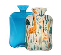 Botella de agua caliente con tapa de 2 L, diseño de jirafa de plantas verdes para adultos, calentador/alivio del dolor