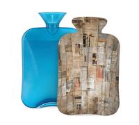 Botella de agua caliente con tapa de 2 L, diseño de periódicos antiguos, botellas de agua caliente para adultos, calentador/alivio del dolor