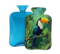 Botella de agua caliente con tapa de 2 L, diseño de tucán tropical de la selva para adultos, calentador/alivio del dolor