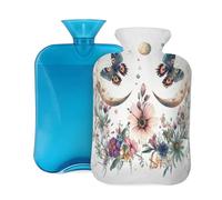 Botella de agua caliente con tapa de 2 L, elegante botella de agua caliente con diseño de mariposa y flor de media luna para adultos, calentador y alivio del dolor