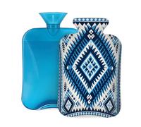 Botella de agua caliente con tapa de 2 L, estampado rectangular azul, para adultos, calentador y alivio del dolor