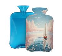 Botella de agua caliente con tapa de 2 L, superficie marina, gaviota, velero, botellas de agua caliente para adultos, calentador/alivio del dolor