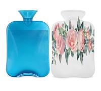Botella de agua caliente con tapa de hojas florales de rosas de gran capacidad de 2 l, bolsa de agua para noches acogedoras, alivio del dolor, espalda, cuello y hombros