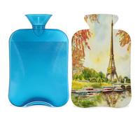 Botella de agua caliente con tapa de la Torre Eiffel de París de 2 l, bolsa de agua de gran capacidad para noches acogedoras, alivio del dolor, espalda, cuello y hombros
