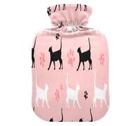 Botella de agua caliente con tapa, diseño de gatos blancos y negros con huellas, suave y cálida para cama de invierno, para mano, cuello y hombros, 1 litro