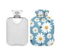 Botella de agua caliente con tapa, margarita blanca sobre bolsa de agua caliente de invierno bolsa de agua caliente para aliviar el dolor, compresa fría y caliente, 2 litros