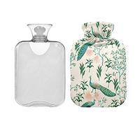 Botella de agua caliente con tapa para árbol de jardín vintage, con diseño de pavo real, bolsa de agua caliente de 1 litro, compresa fría y caliente, alivio del dolor de cuello y hombros