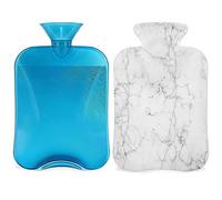 Botella de agua caliente con textura de mármol blanco con cubierta esponjosa, botella de gran capacidad de 2 litros, bolsa de agua para noches acogedoras, alivio del dolor, espalda, cuello y hombros