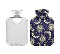 Botella de agua caliente de 2 L con cubierta, Boho Vintage Luna Sol Estrellas Bolsa de agua caliente para aliviar el dolor, manos y pies, más cálido invierno