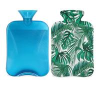 Botella de agua caliente de 2 litros con cubierta para aliviar el dolor, diseño de hojas de palmera tropical, bolsa de agua caliente de PVC para hielo y agua caliente para terapia fría y caliente, calambres menstruales, pies, calentador de manos