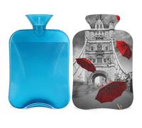 Botella de agua caliente de 2 litros con cubierta para alivio del dolor, puente de torre, paraguas rojo, bolsa de agua caliente, bolsa de agua caliente de PVC para terapia fría y caliente, calambres