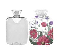 Botella de agua caliente de 2 litros con tapa, bolsa de agua caliente de hierbas botánicas florales coloridas para calentar manos y pies, botella de agua cálida clásica transparente para calambres menstruales, alivio del dolor de cuello y hombros