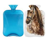 Botella de agua caliente de acuarela de caballo con funda esponjosa, bolsa de agua caliente de gran capacidad de 2 litros, bolsa de agua para pintura de caballos para noches acogedoras, alivio del