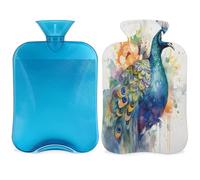 Botella de agua caliente de acuarela de pavo real con tapa, botella de gran capacidad de 2 L, bolsa de agua para noches acogedoras, alivio del dolor, espalda, cuello y hombros