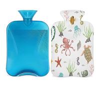 Botella de agua caliente de animales del océano con funda esponjosa, 2 L, gran capacidad, botella de plantas oceánicas, bolsa de agua para noches acogedoras, alivio del dolor, espalda, cuello y