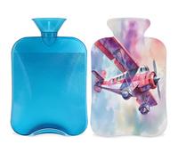 Botella de agua caliente de avión antiguo de acuarela con tapa, botella de gran capacidad de 2 L, bolsa de agua para noches acogedoras, alivio del dolor, espalda, cuello y hombros