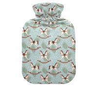 Botella de agua caliente de caballo balancín azul claro de Navidad con cubierta suave, bolsas de agua de 1 litro para terapias frías y calientes