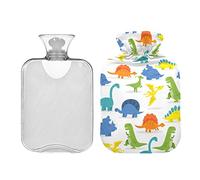 Botella de agua caliente de dinosaurios coloridos con cubierta, botella de agua caliente transparente de 1 litro divertida bolsa de agua caliente para alivio del dolor de cuello y hombros, terapia de calor