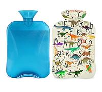 Botella de agua caliente de dinosaurios con funda esponjosa, bolsa de agua caliente de gran capacidad de 2 litros, alfabetos de dinosaurios, bolsa de agua para noches acogedoras, alivio del dolor,