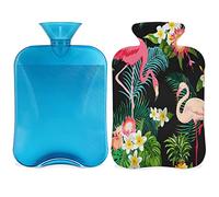 Botella de agua caliente de flamenco de flores tropicales con funda esponjosa, bolsa de agua caliente de gran capacidad, bolsa de agua con temática tropical para noches acogedoras, alivio del dolor,
